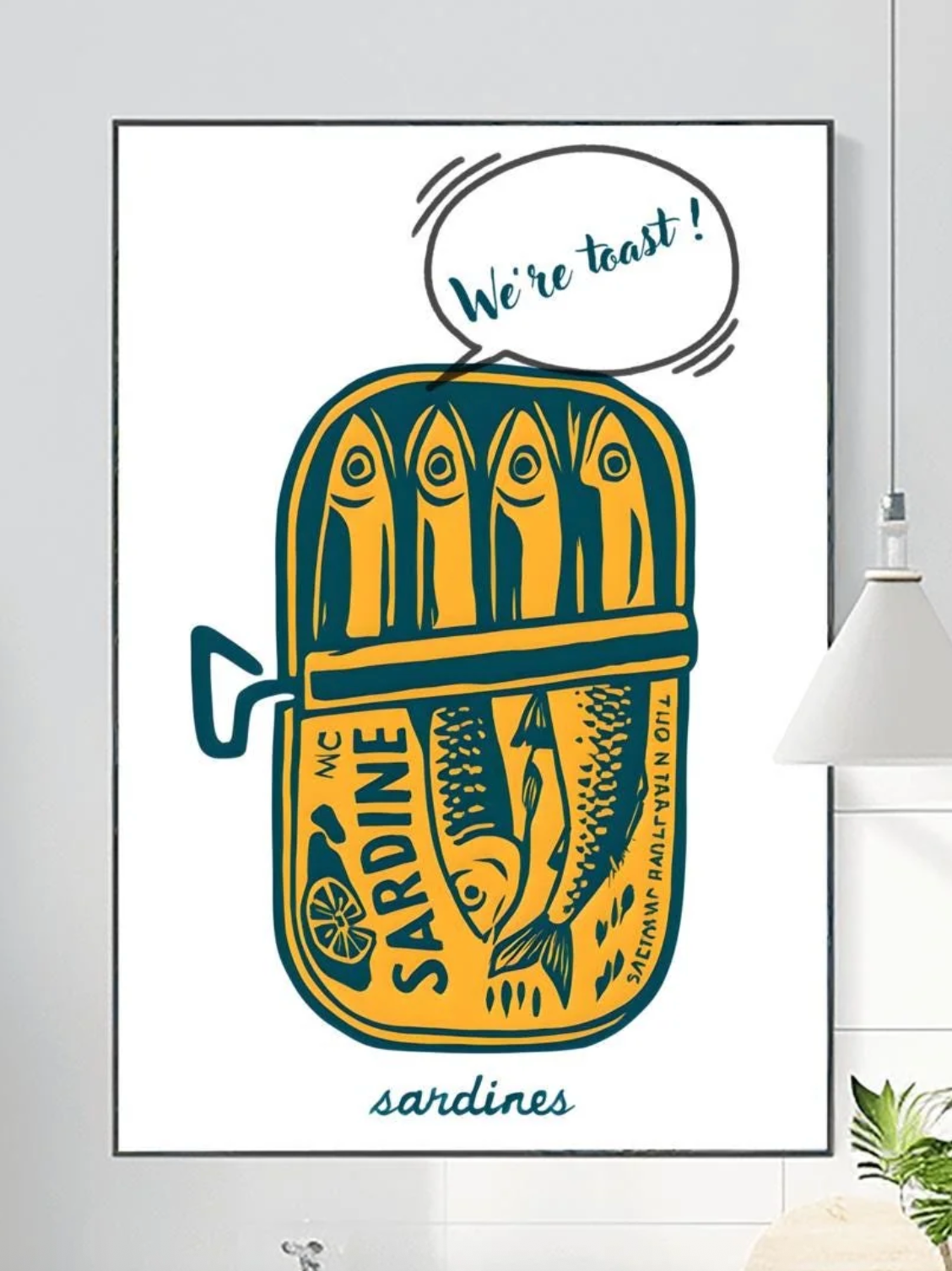 Tinned Sardines Poster Art Print, Navy Blue Retro Wall Art, Kitchen Aesthetic Decor, Trendy Sardine, Coastal Printable Art, "We're Toast"