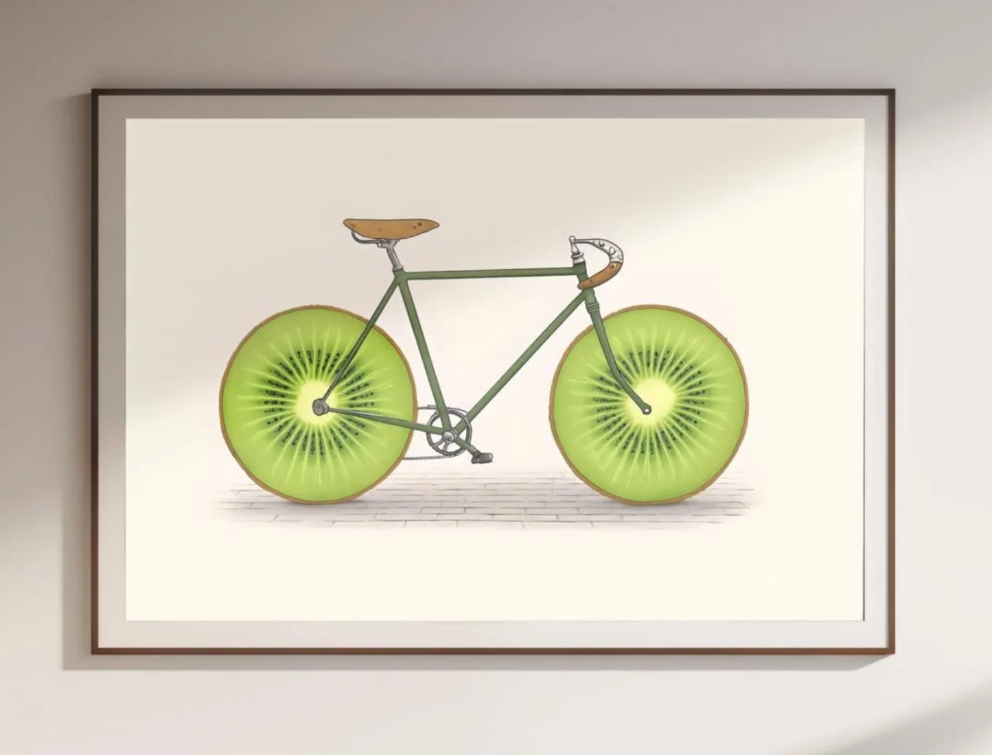 Fruit Bike Poster Funny Kiwi Art, Quirky Kitchen Wall Decor, Whimsical Cycling Gift, Vegan Cyclist Print