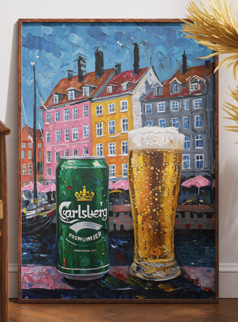 Carlsberg Beer Lover Gift Poster, Copenhagen Wall Art, Denmark Bar Decor, Unique Beer Painting for Man Cave or Dining Room