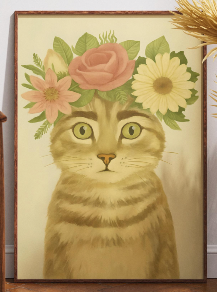 Frida Kahlo Cat Art Poster, Frida With Roses Print, Mexican Art, Modern Pink Wall Decor, Feminist Art Gift, Unframed Museum Quality
