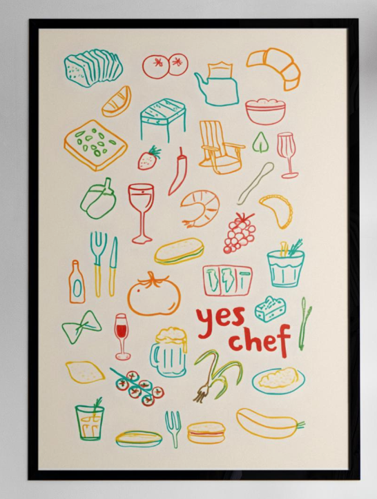 Yes Chef Print, Funny Kitchen Wall Art, Doodle Dog Poster, Minimalist Dining Room Decor, Chef Gift, Girly Apartment Art