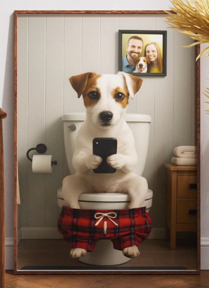 Border Terrier Toilet Art Funny Bathroom Print Dog on Phone Gift for Terrier Lovers Animal Loo Decor