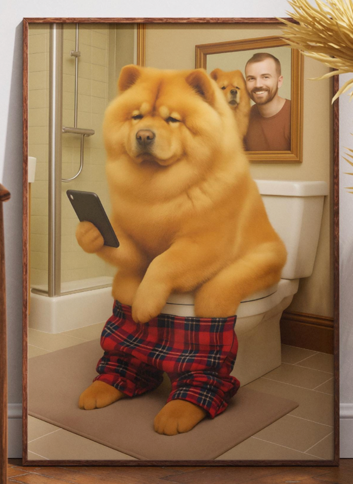 Chow Toilet Art Print – Funny Dog on Toilet Bathroom Wall Decor, Humorous Pet Portrait Gift for Dog Lovers