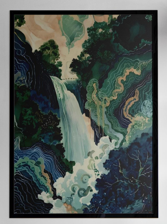 Ukiyo-e Poster Hokusai Japanese Waterfall Art Print, Blue Green Wall Decor, Japanese Home Print
