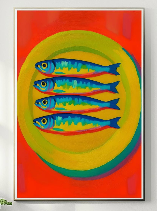 Sardine Oil Poster– Funky Fish Wall Art, Dopamine fish Decor, Oyster & Fisherman Aesthetic Print, Trendy Bathroom Prints, Fish Wall Art