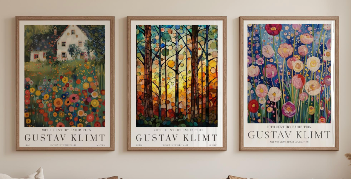 Gustav Klimt Poster Set of 3 – Art Nouveau Forest Prints, Golden Tree Wall Art, Earth Tone Gallery Wall Decor, Physical Posters for Rooms