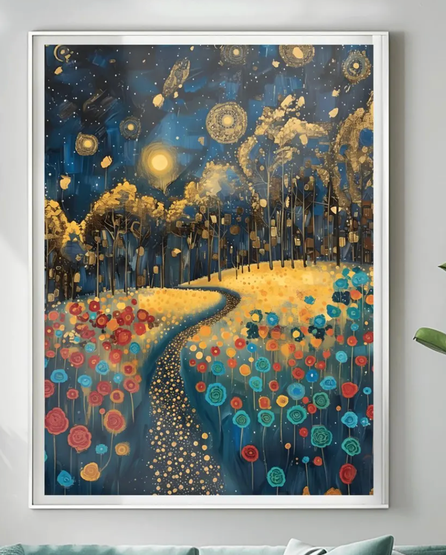 Gustav Klimt Inspiration Exhibition Poster, Starry Night Field, Art Nouveau, Celestial Landscape