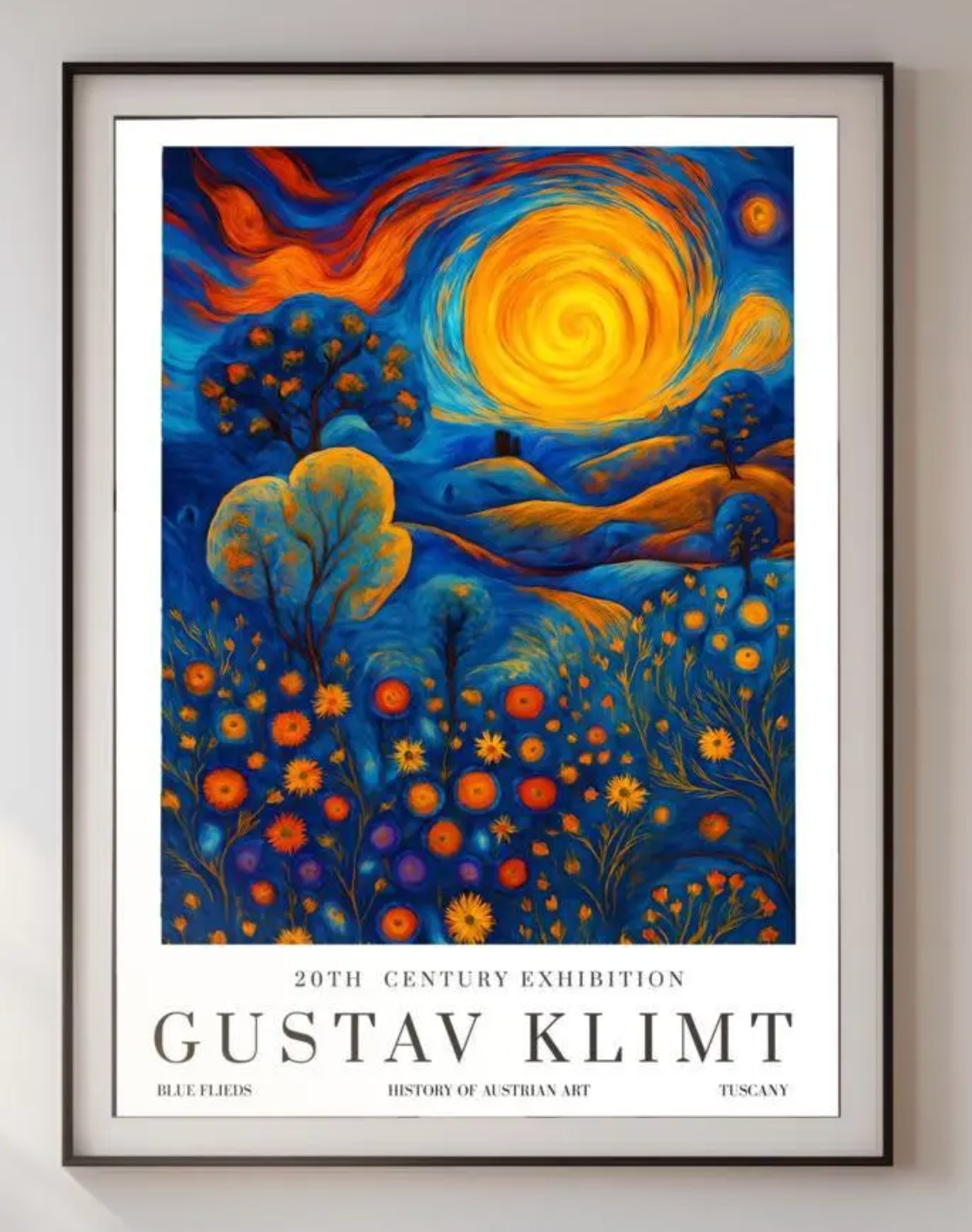 Gustav Klimt Inspiration Exhibition Poster, Blue Fields Tuscany, Vienna Secession, 20th Century