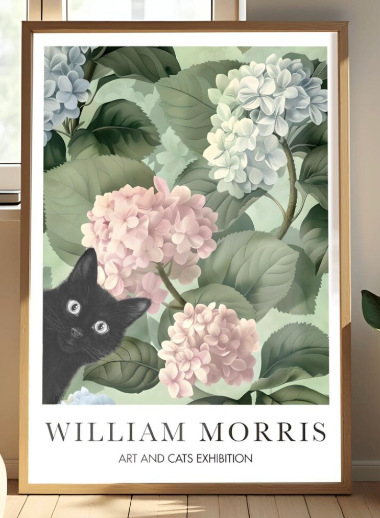William Morris Cat Poster, Black Cat Art Print, Arts and Crafts Exhibition, Green Floral Wall Decor