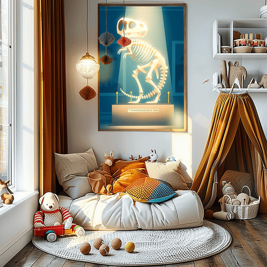 An exciting physical poster print featuring a whimsical illustration of a glowing T-Rex skeleton on display in a museum, perfect for a dinosaur-themed kids' room.v
