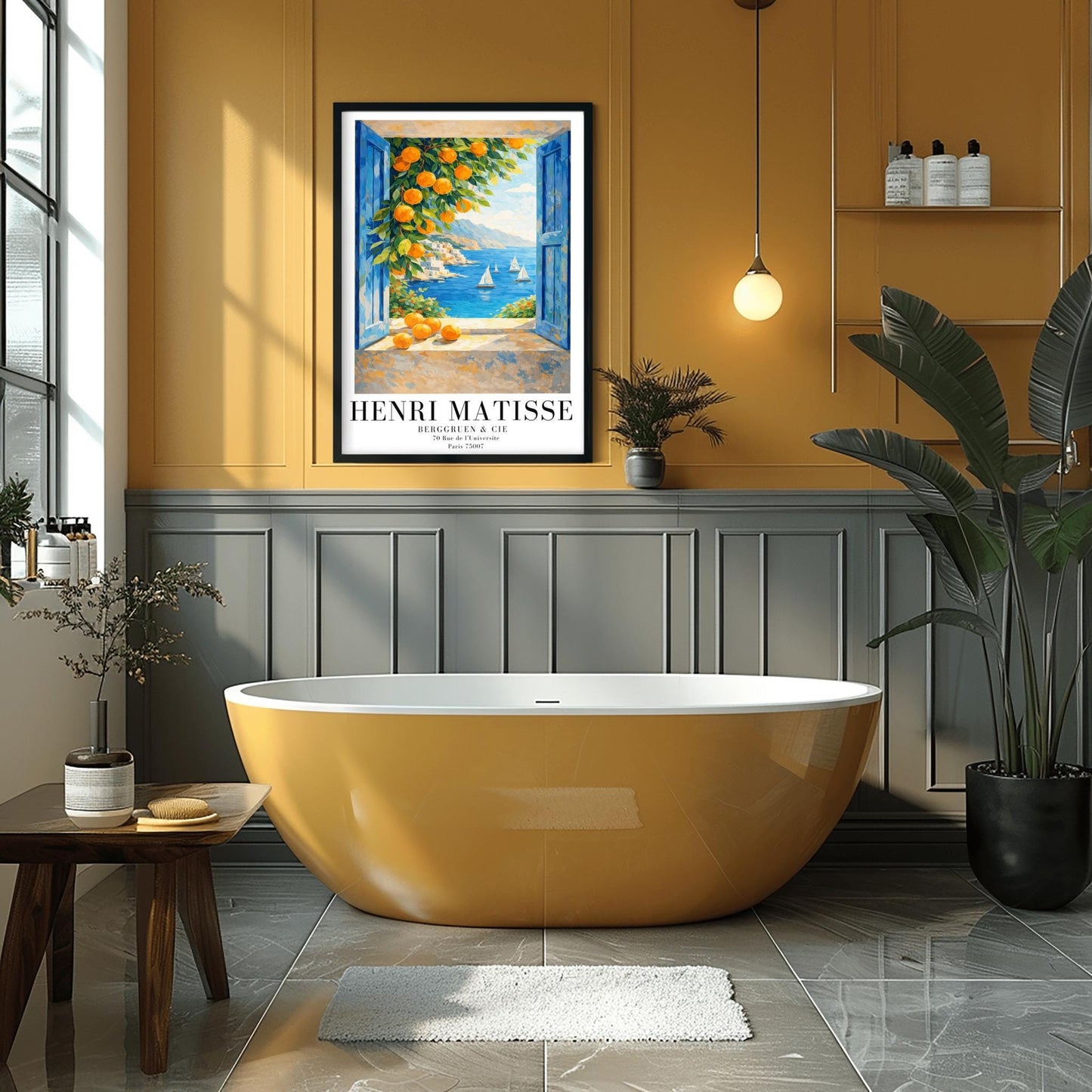 A vertical painterly illustration of a view through an open window with blue shutters. A branch with many bright oranges hangs in the top left. Outside, white sailboats float on a deep blue sea next to a white hillside village and mountains.