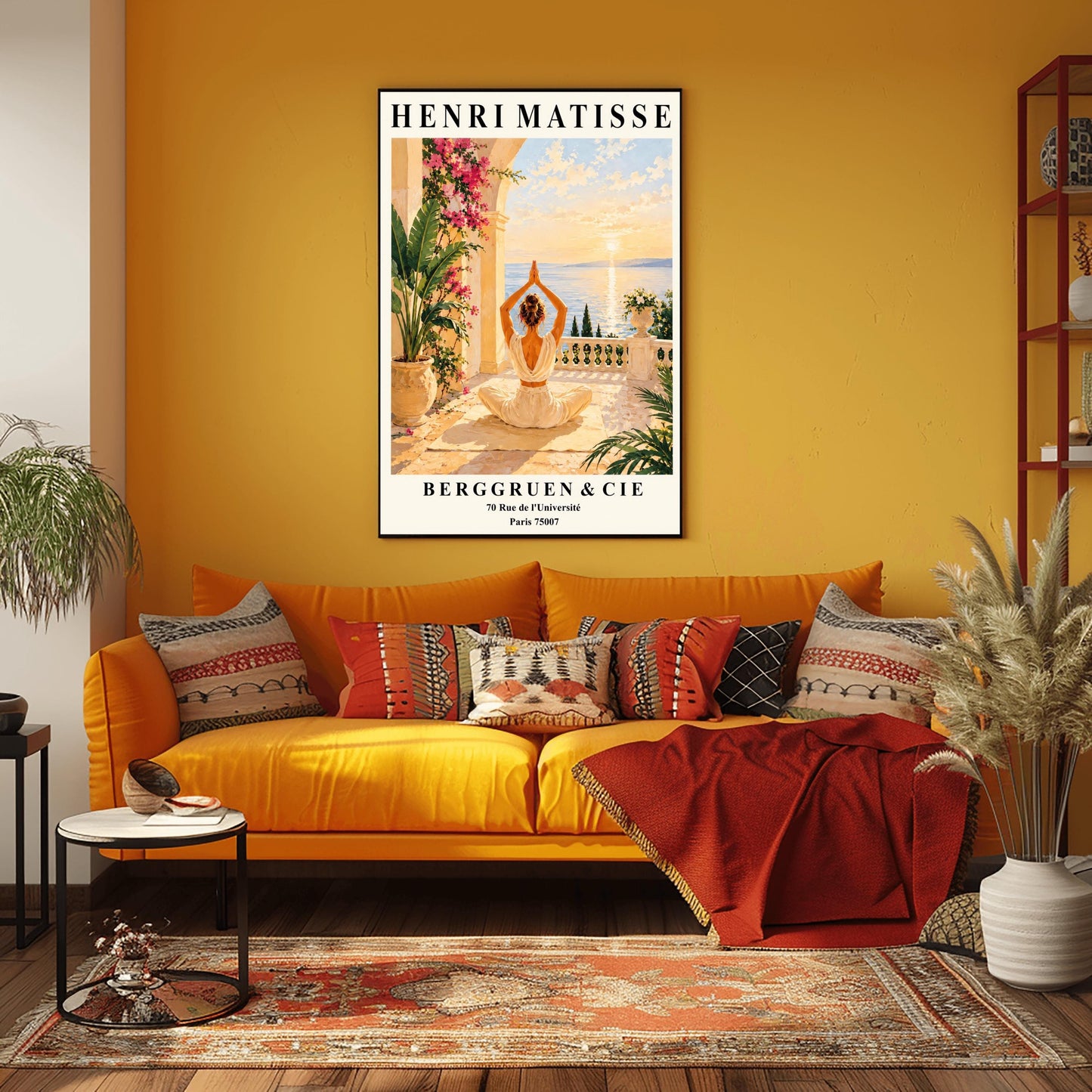 Henri Matisse style poster featuring a woman meditating in a yoga pose on a Mediterranean terrace overlooking the sea at sunset, surrounded by tropical plants, pink flowers, elegant architecture, and warm golden coastal scenery.