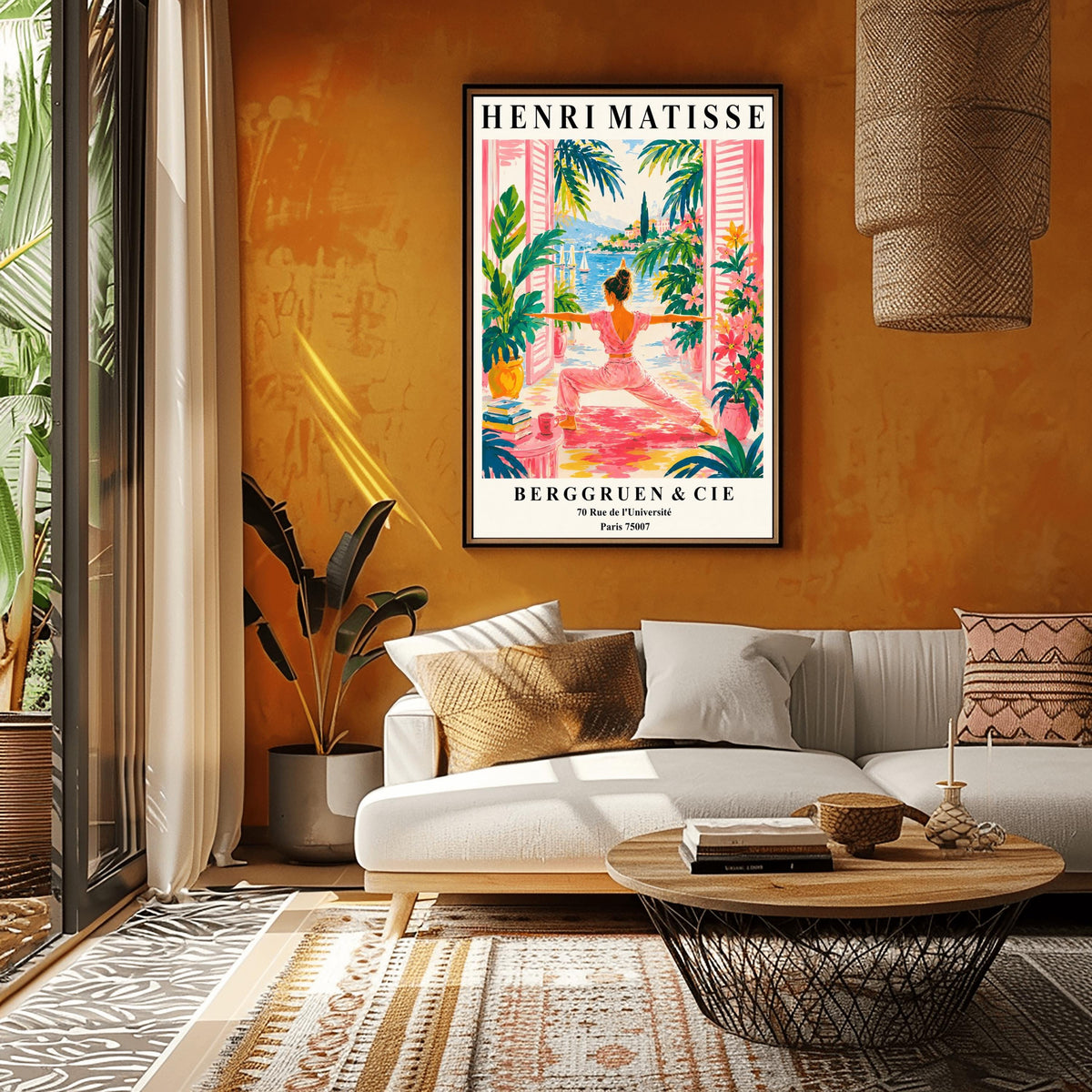 A vertical museum-style exhibition poster with a cream border featuring text for an Henri Matisse exhibition at Berggruen & Cie in Paris,. The colorful central illustration depicts a woman from behind practicing a yoga pose on a pink mat on a terrace. She is framed by open pink shutters and lush green potted plants. Through the open doors is a scenic view of a bright blue sea with sailboats, a coastal hill town, and green palm trees under a sunny sky.