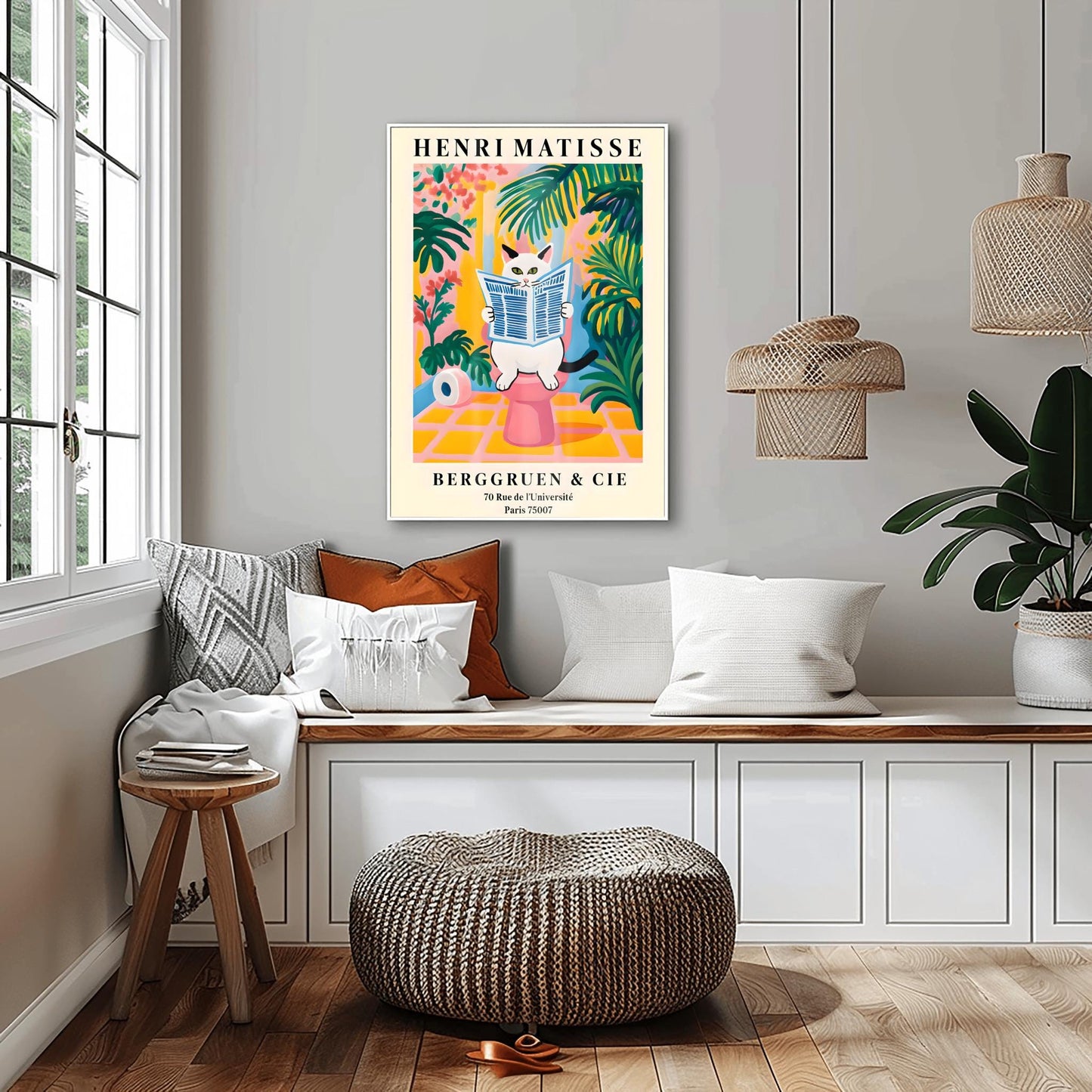 A whimsical, colorful poster in the style of Henri Matisse features an orange and black striped cat with green eyes sitting on a toilet, intently reading a blue-and-white striped newspaper. The bathroom setting is rendered in bold, flat blocks of color, dominated by pink, yellow, and green, with large leafy plants surrounding the cat. A roll of toilet paper is visible to the left. At the top, "HENRI MATISSE" is written in black capital letters.