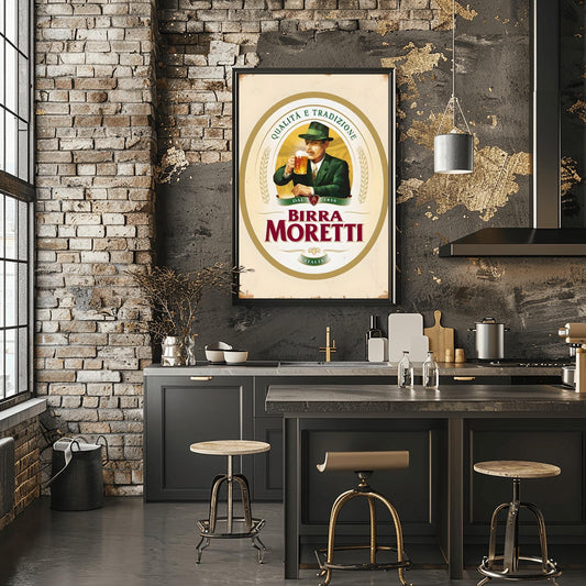 Birra Moretti Poster - Vintage Beer Label Wall Art Print - "Qualità e Tradizione" Decor for Bar, Restaurant, or Beer Lover