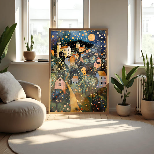 Gustav Klimt Print Village Night Poster, Moon & Stars Tree Art, Premium Matte Paper, Klimt Exhibition Wall Decor, Fine Art Print