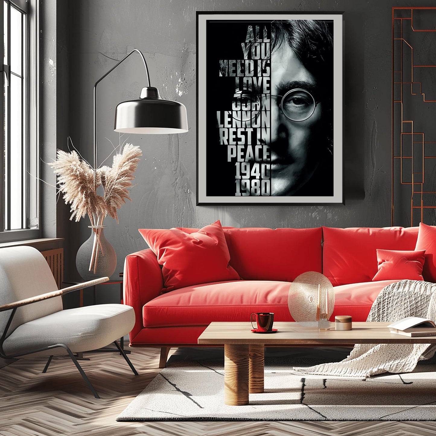 A striking physical poster print featuring a high-contrast black and white portrait of John Lennon, with the text 'ALL YOU NEED IS LOVE' and other meaningful phrases integrated into the design