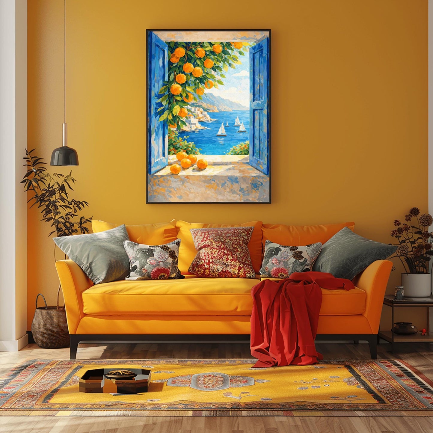 A vertical painterly illustration of a view through an open window with blue shutters. A branch with many bright oranges hangs in the top left. Outside, white sailboats float on a deep blue sea next to a white hillside village and mountains.