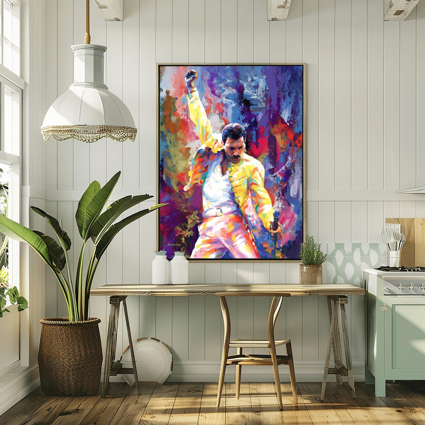A vibrant physical poster print of Freddie Mercury in a dynamic, impressionistic style, perfect for Queen fans, music lovers, or unique wall art decor