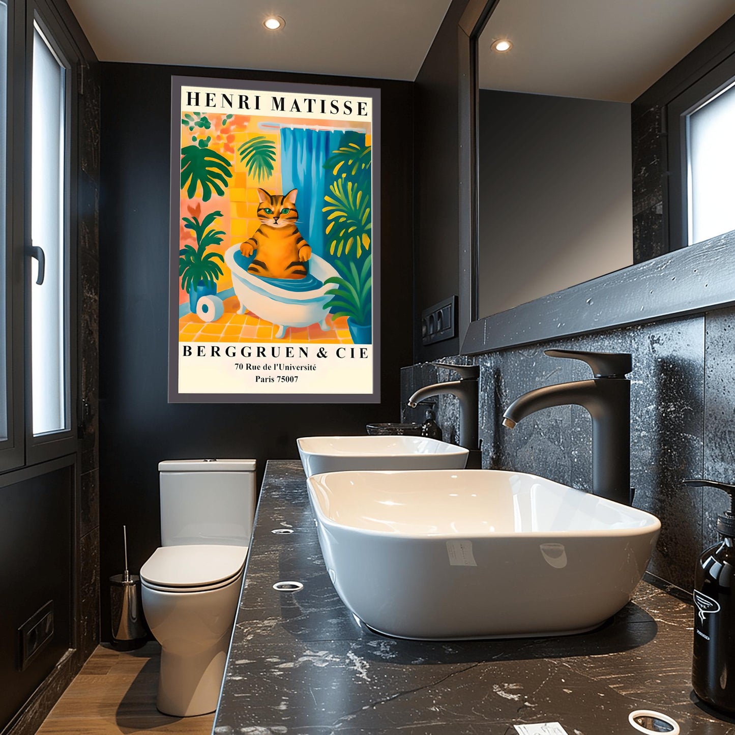Funny Tabby Cat Bath Art Print, Matisse Style Bathroom Wall Decor, Pink Dopamine Mid Century Modern Illustration
