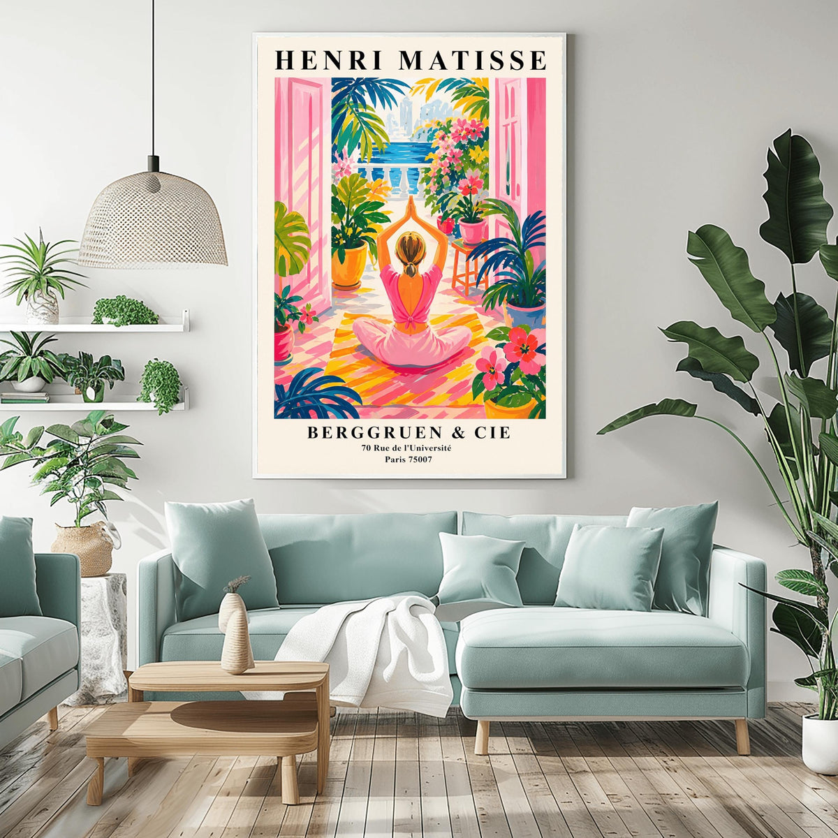 A vertical maximalist art print styled as a Henri Matisse exhibition poster. A woman with blonde hair tied back is seen from behind, sitting on a yellow-and-orange striped yoga mat in a yoga pose with her hands joined above her head. She faces open pink French doors that lead to a balcony with a view of a blue sea and a distant city. The terrace is filled with vibrant pink flowers, large green tropical plants in yellow pots, and a small wooden stool.