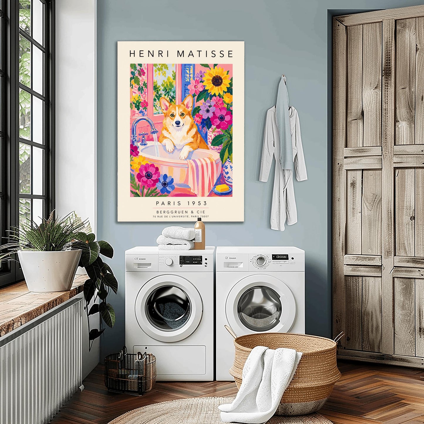 A vertical maximalist art print styled as a Henri Matisse exhibition poster. A tan and white Pembroke Welsh Corgi dog with large ears stands in a white bathroom sink under a running silver faucet. The room features pink walls and is filled with large sunflowers and pink and purple blossoms. A pink and white striped towel hangs from the side of the sink. A window in the background looks out onto a leafy green garden. Bold black text at the top and bottom