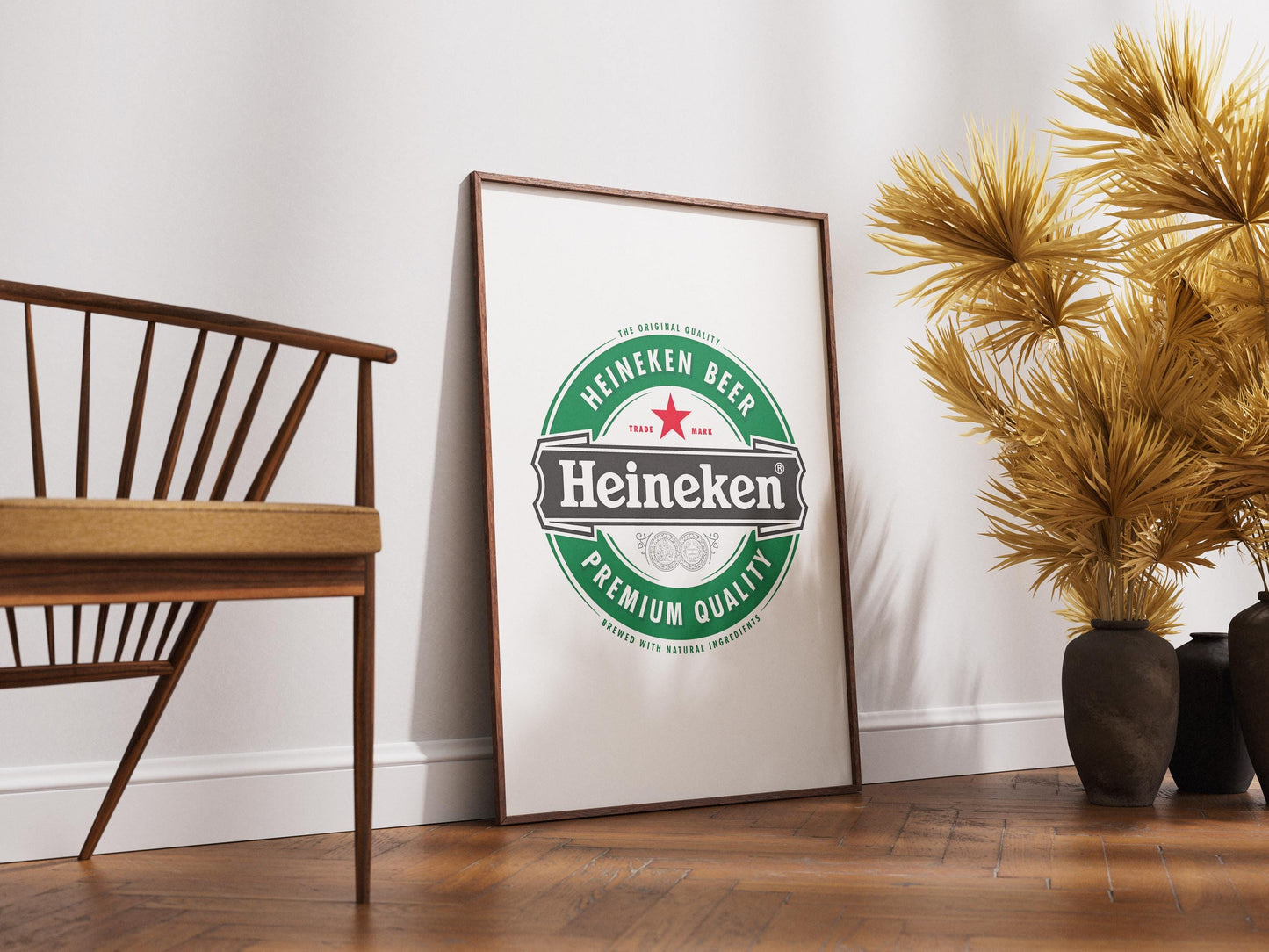 A sharp, bold art print featuring the iconic Heineken beer logo. The design prominently displays the vibrant green background, the distinct red star, and the crisp white 'Heineken' typography. This clean, graphic representation of the famous beverage brand is perfect for modern bar decor, a stylish man cave, pub wall art, or a contemporary kitchen. It's an ideal digital print gift for any Heineken enthusiast or collector of iconic beer branding, adding a sleek touch to any space.