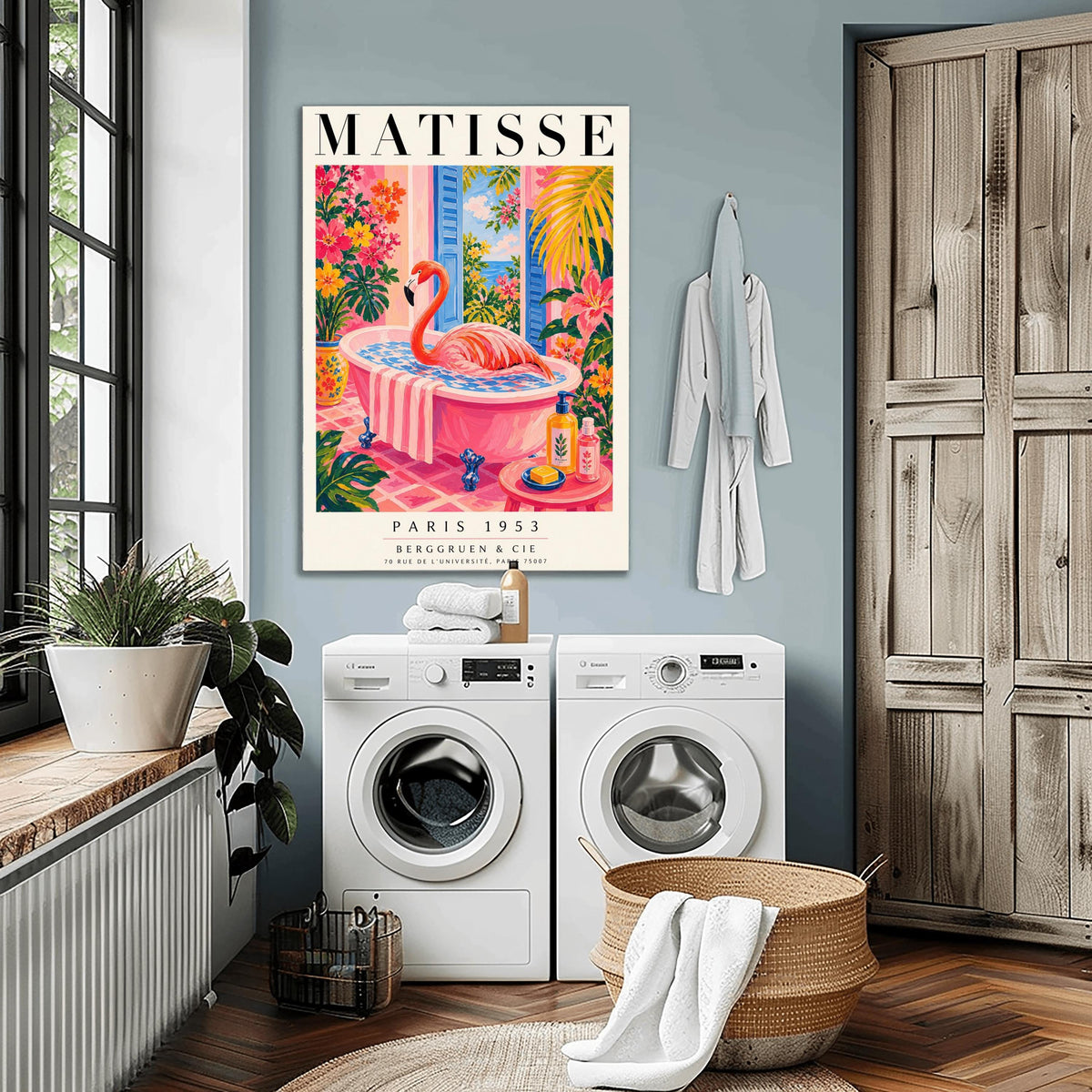 A vertical maximalist art print styled as a Henri Matisse exhibition poster. A vibrant pink flamingo with its long neck curved sits elegantly in a pink clawfoot bathtub. The bathroom features pink tiled floors and walls, with open blue shutters in the background looking out to the sea. The room is filled with tropical greenery and bright pink and orange flowers. A small pink table in the foreground holds soap and cosmetic bottles.