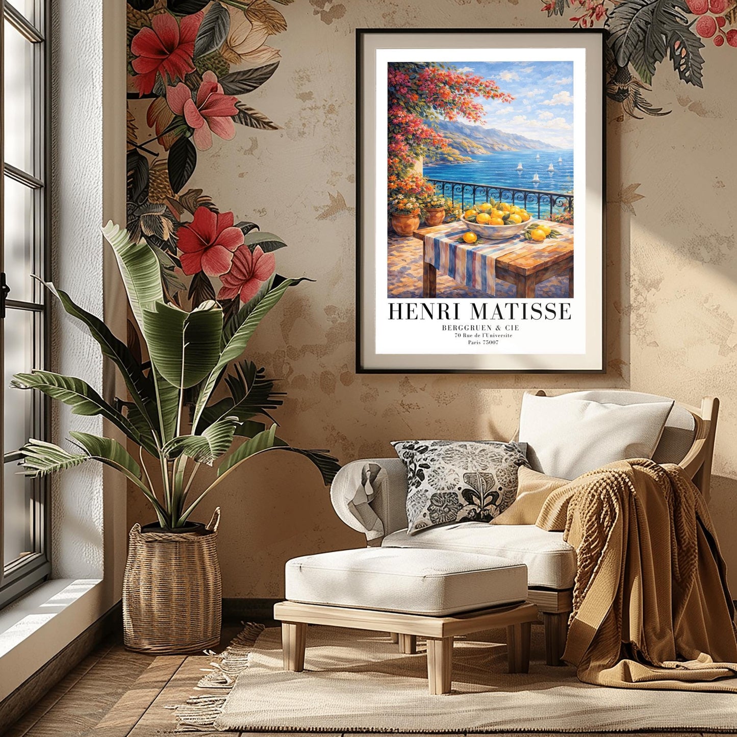 A vertical painterly illustration of a stone terrace with a black iron railing. A pink bougainvillea tree hangs from the top left over a wooden table with a bowl of oranges and lemons. Beyond the railing is a blue sea with white sailboats and a distant mountainous coastline.