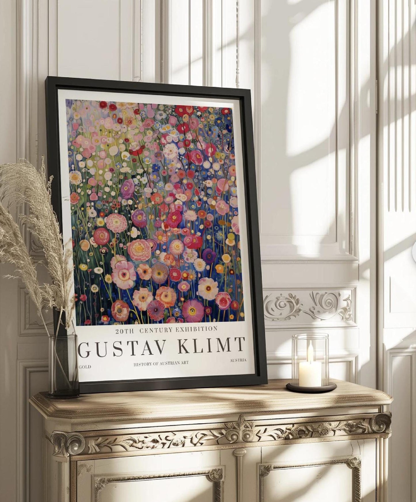 A promotional poster for an art exhibition features a vibrant and highly detailed painting of a dense field of flowers, rendered in the distinctive style of Gustav Klimt. The artwork, which dominates the upper portion of the poster, is a tapestry of various blossoms in shades of pink, red, white, yellow, and purple, set against a backdrop of deep blues and greens that suggest a distant landscape or sky.