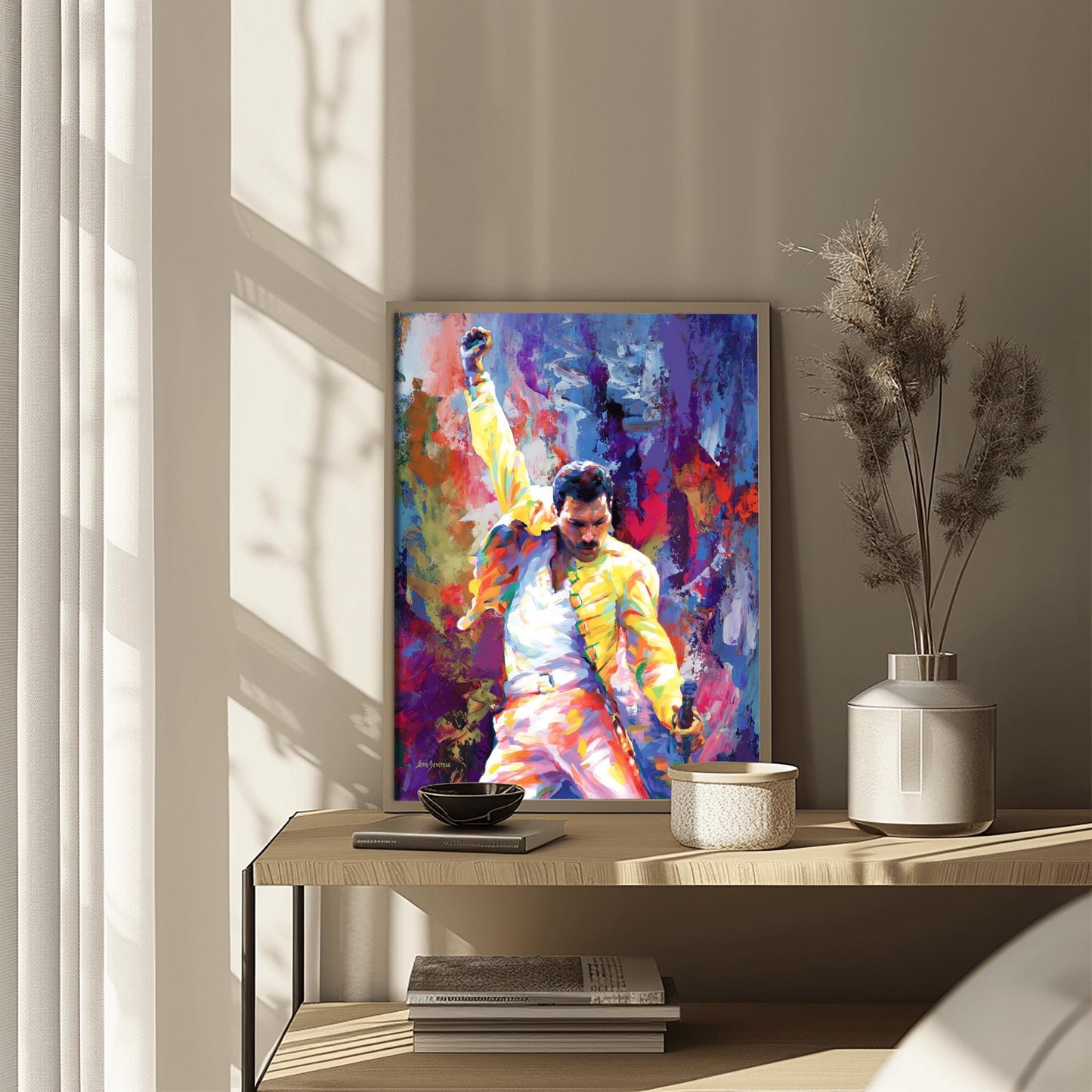 A vibrant physical poster print of Freddie Mercury in a dynamic, impressionistic style, perfect for Queen fans, music lovers, or unique wall art decor