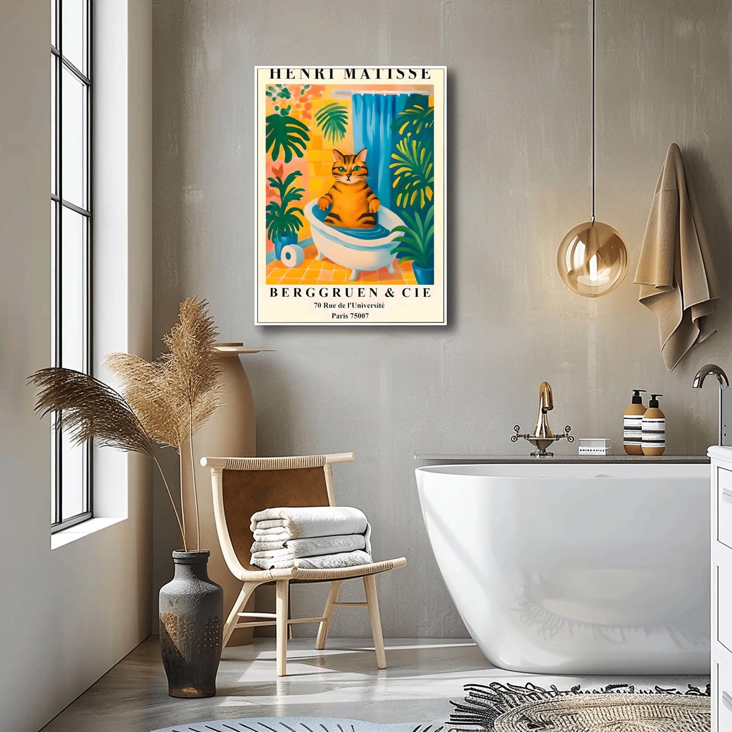Funny Tabby Cat Bath Art Print, Matisse Style Bathroom Wall Decor, Pink Dopamine Mid Century Modern Illustration