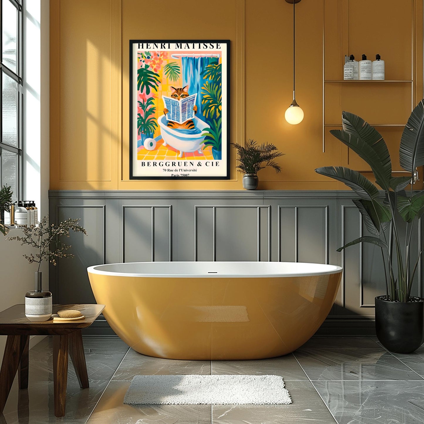 Modern bathroom interior with a yellow bathtub, decorative wall art, and plants and a funny Matisse cat print on the wall.