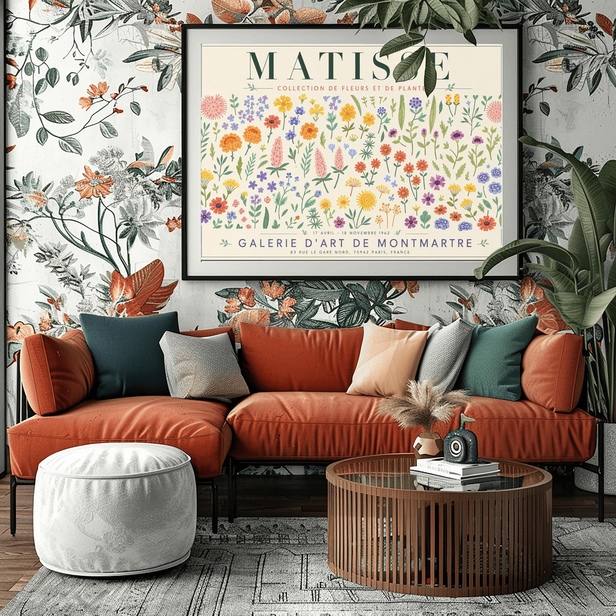 A vertical gallery exhibition poster with a warm cream border. Bold black text at the top reads "HENRI MATISSE". The central artwork is a rectangular block with a solid terracotta-orange background, featuring a cream silhouette of an abstract, four-petaled flower with a circular center. Below the block, black text reads "PAPIERS DÉCOUPÉS" and "FLEUR". The bottom of the poster finishes with the text "BERGGRUEN & CIE - 70 RUE DE L'UNIVERSITÉ - PARIS VII".