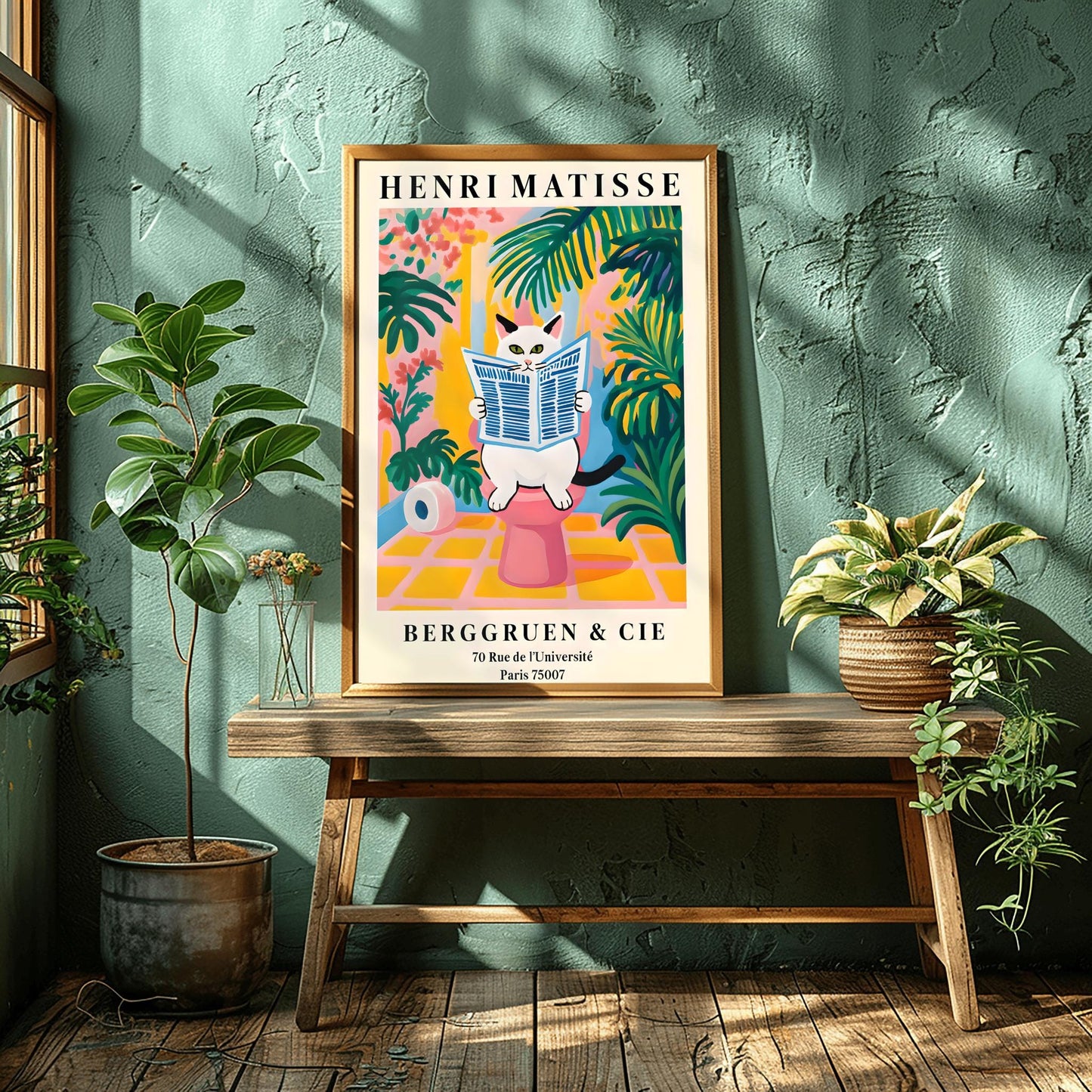 A whimsical, colorful poster in the style of Henri Matisse features an orange and black striped cat with green eyes sitting on a toilet, intently reading a blue-and-white striped newspaper. The bathroom setting is rendered in bold, flat blocks of color, dominated by pink, yellow, and green, with large leafy plants surrounding the cat. A roll of toilet paper is visible to the left. At the top, "HENRI MATISSE" is written in black capital letters.