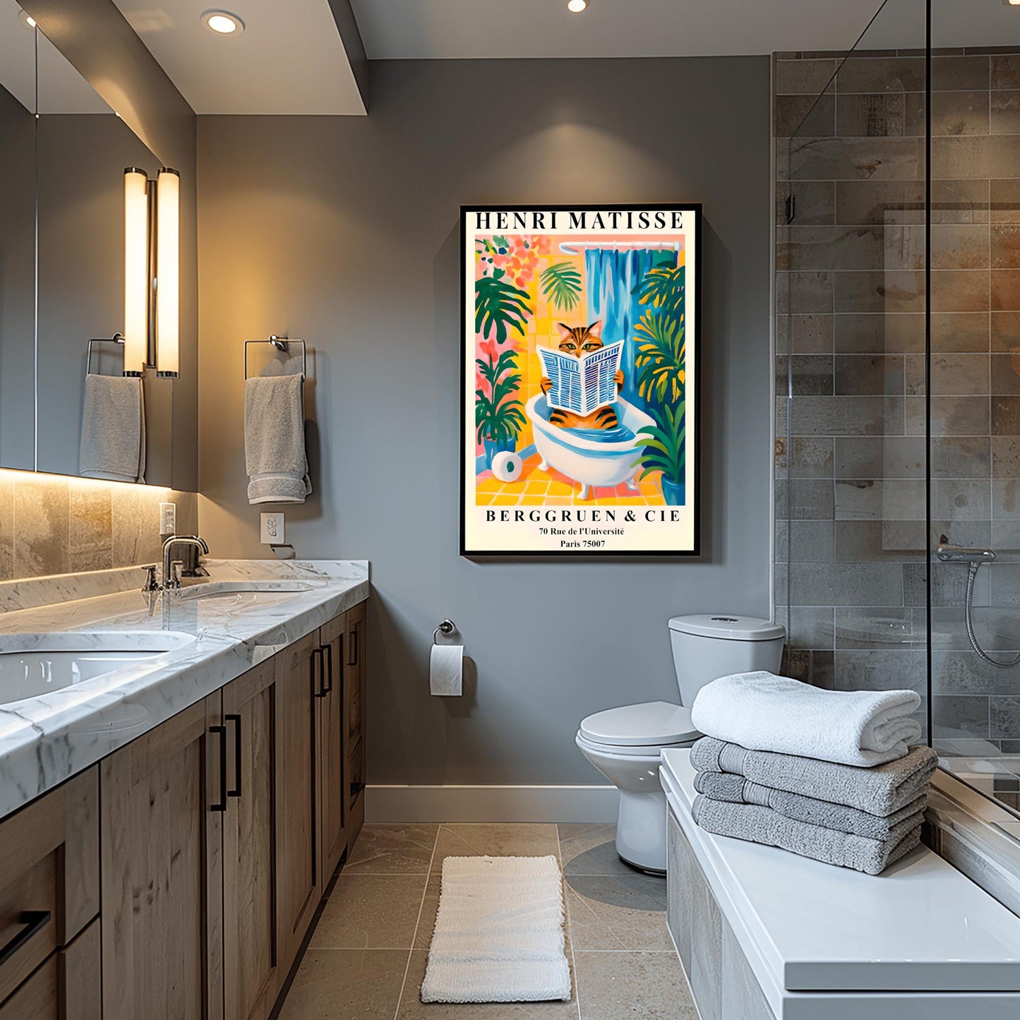 Modern bathroom with a colorful Henri Matisse funny cat poster on the wall.