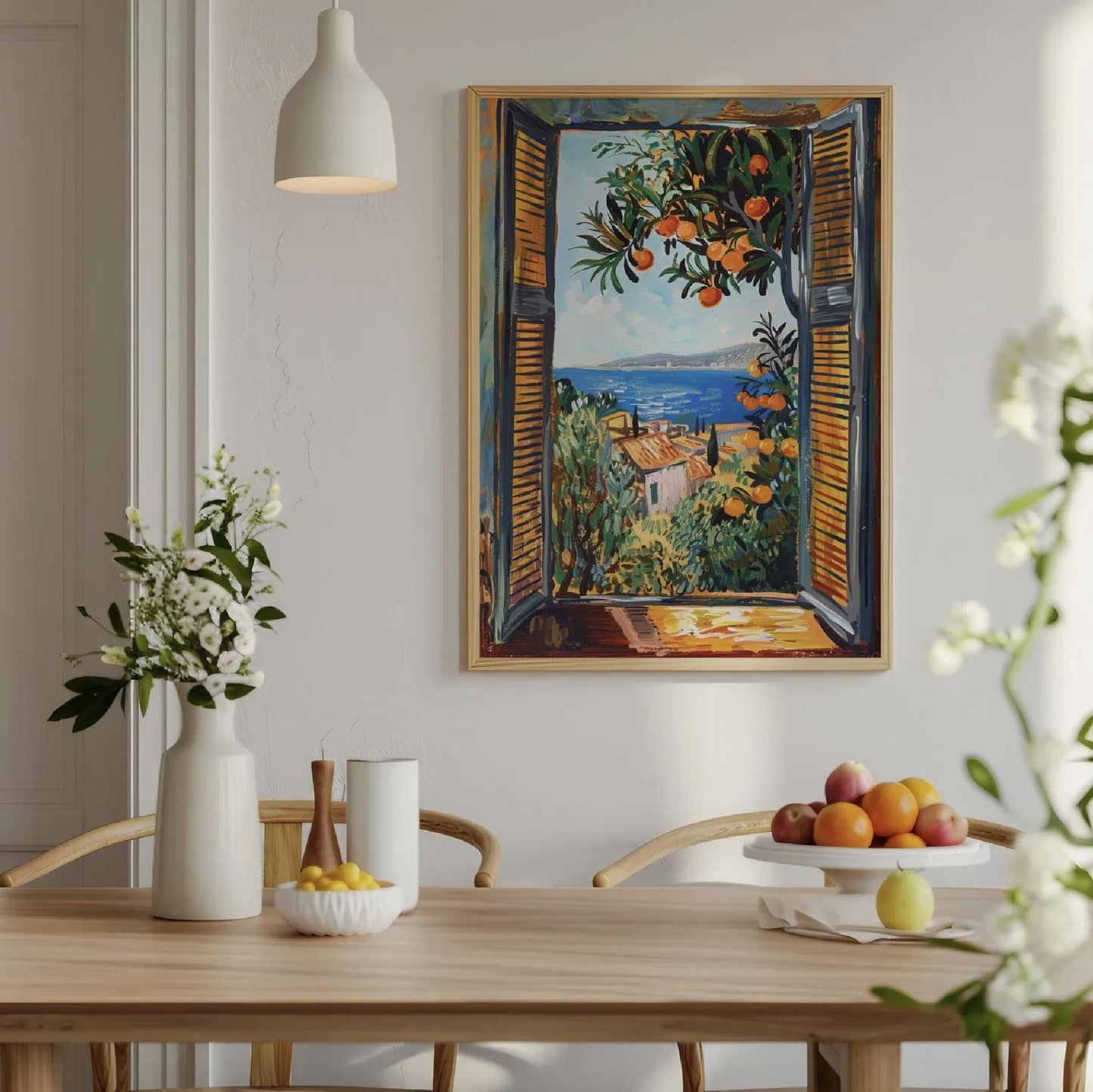 An impressionistic painting capturing a vibrant coastal view through an open window with orange louvered shutters. An orange tree laden with ripe fruit and lush green leaves frames the top right of the window. Beyond the window, a brilliant blue sea stretches to the horizon, meeting a distant coastline with buildings. In the midground, a terracotta-roofed building is nestled among vibrant green and yellow foliage. The brushstrokes are loose and expressive creating a dynamic and bright atmosphere