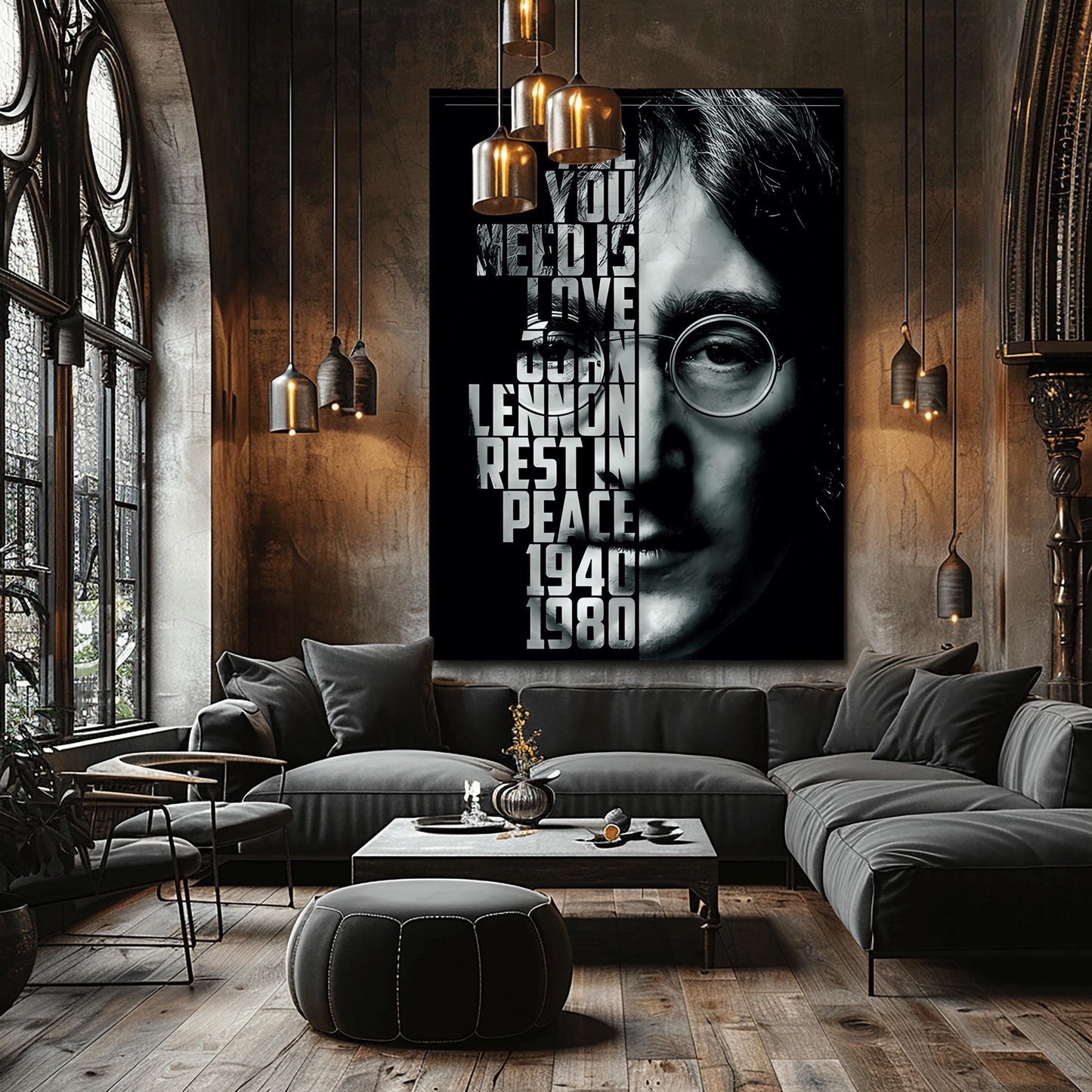A striking physical poster print featuring a high-contrast black and white portrait of John Lennon, with the text 'ALL YOU NEED IS LOVE' and other meaningful phrases integrated into the design