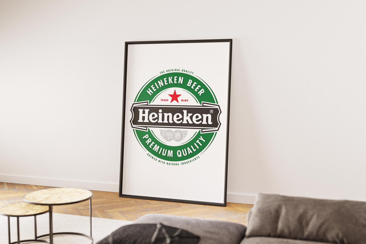 A sharp, bold art print featuring the iconic Heineken beer logo. The design prominently displays the vibrant green background, the distinct red star, and the crisp white 'Heineken' typography. This clean, graphic representation of the famous beverage brand is perfect for modern bar decor, a stylish man cave, pub wall art, or a contemporary kitchen. It's an ideal digital print gift for any Heineken enthusiast or collector of iconic beer branding, adding a sleek touch to any space.