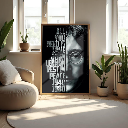 A striking physical poster print featuring a high-contrast black and white portrait of John Lennon, with the text 'ALL YOU NEED IS LOVE' and other meaningful phrases integrated into the design