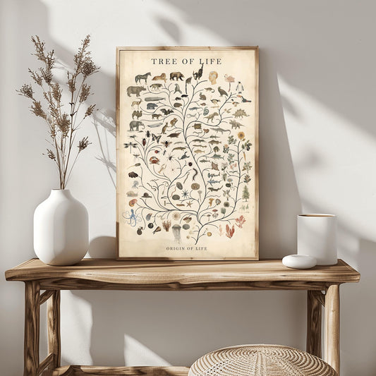 A fascinating physical poster print of a vintage "Tree of Life" illustrating evolution and biodiversity, perfect for science enthusiasts, nature lovers, or educational decor.