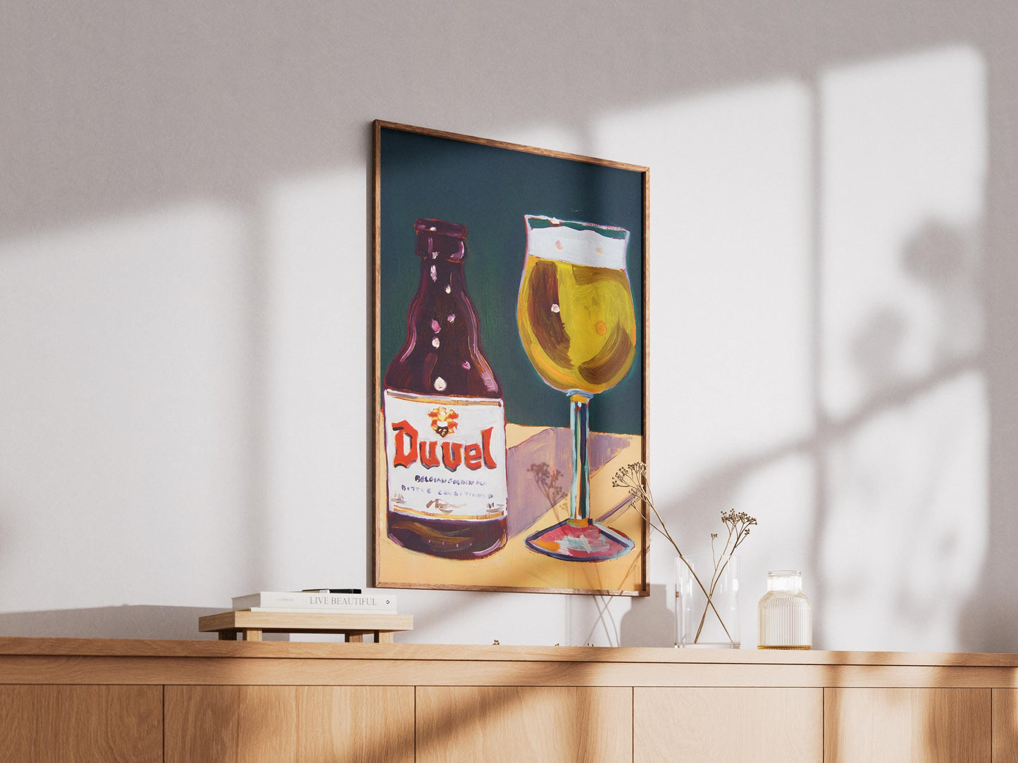 Duvel Art Print - Modern Belgian Beer Poster & Craft Beer Wall Art, Pop Art Duvel Bottle and Glass, Unique Bar Cart Decor Gift
