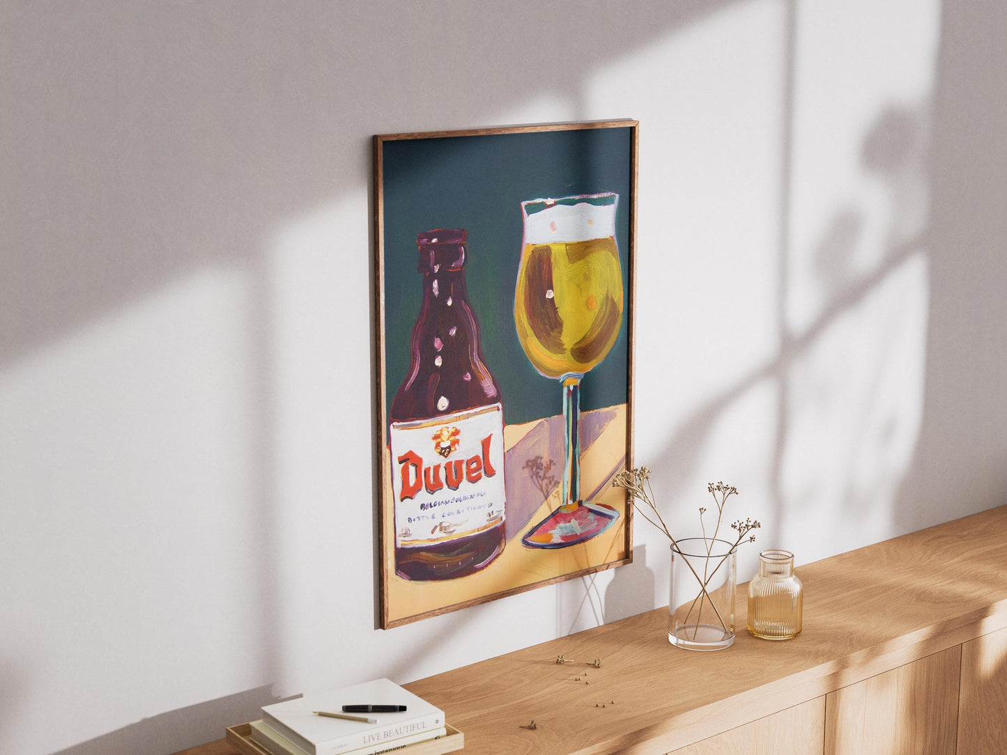 Duvel Art Print - Modern Belgian Beer Poster & Craft Beer Wall Art, Pop Art Duvel Bottle and Glass, Unique Bar Cart Decor Gift