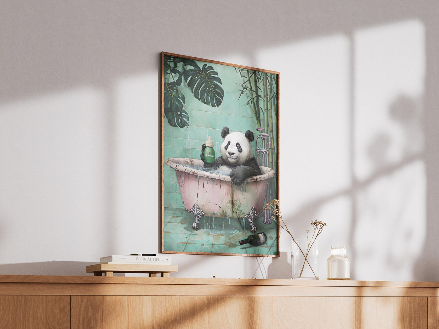 Panda Bathroom Wall Art - Funny Animal Poster with Heineken Print, Panda in Bathtub, Botanical Animal Bathroom Decor