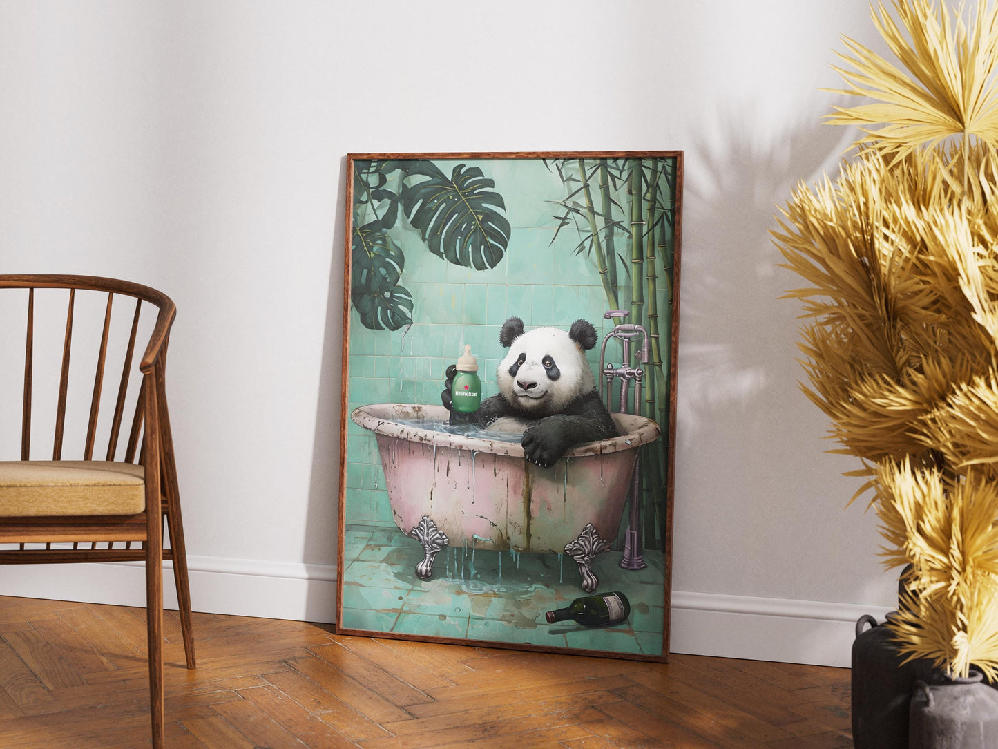 Panda Bathroom Wall Art - Funny Animal Poster with Heineken Print, Panda in Bathtub, Botanical Animal Bathroom Decor
