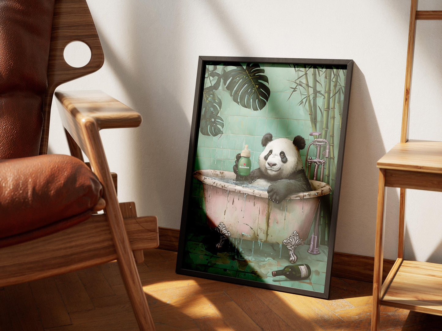 Panda Bathroom Wall Art - Funny Animal Poster with Heineken Print, Panda in Bathtub, Botanical Animal Bathroom Decor