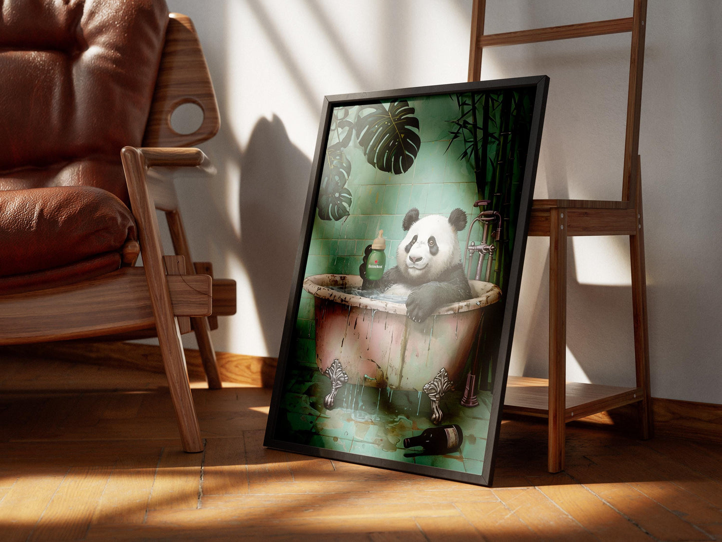 Panda Bathroom Wall Art - Funny Animal Poster with Heineken Print, Panda in Bathtub, Botanical Animal Bathroom Decor
