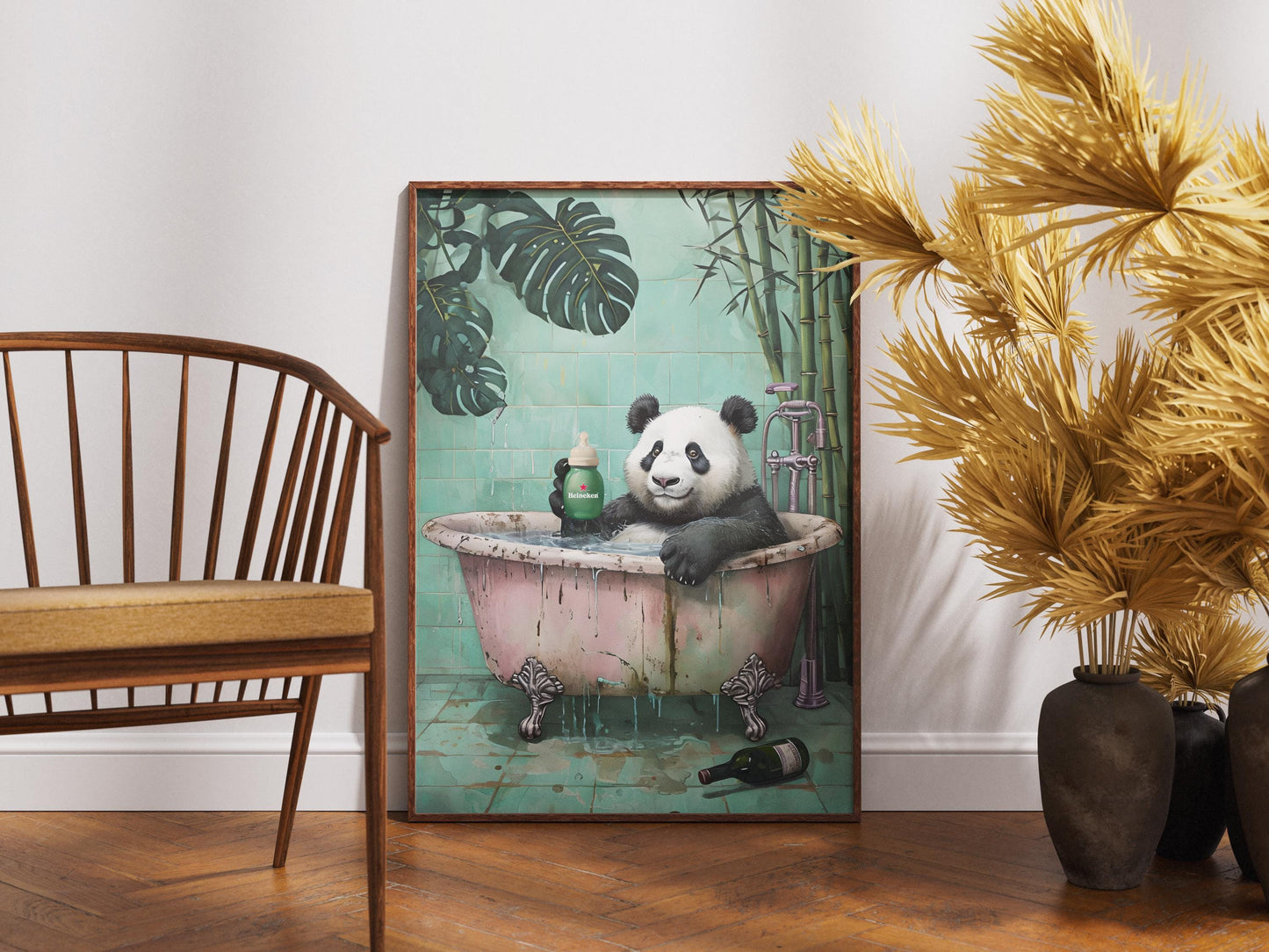 Panda Bathroom Wall Art - Funny Animal Poster with Heineken Print, Panda in Bathtub, Botanical Animal Bathroom Decor