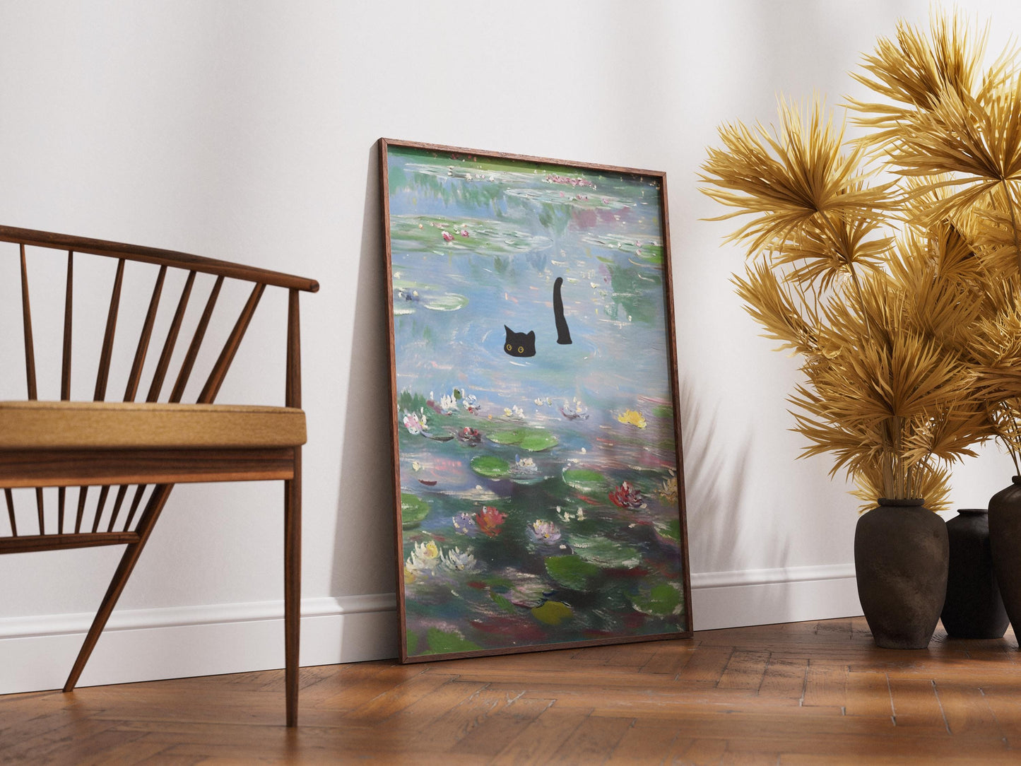 Cat Art Monet Waterlily Print, Claude Monet Style, Impressionist Wall Art, Black Cat Lover Gift, Pond Decor, Quirky Animal Painting