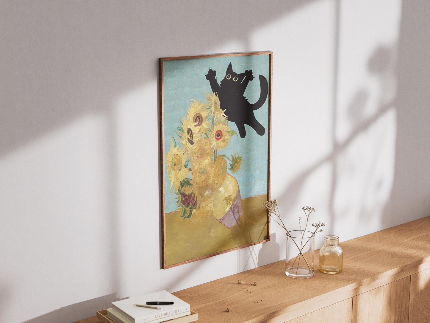 Cat Print Wall Art Poster - Van Gogh Sunflowers Still Life Funny Gift for Cat Lovers, Unique Home Decor, Poster Print